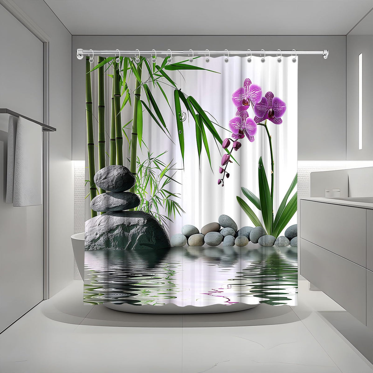 Zen Shower Curtain Green Bamboo Purple Orchid Stone 70W x70L (Green / 70"W x 70"L (Pack of 1))