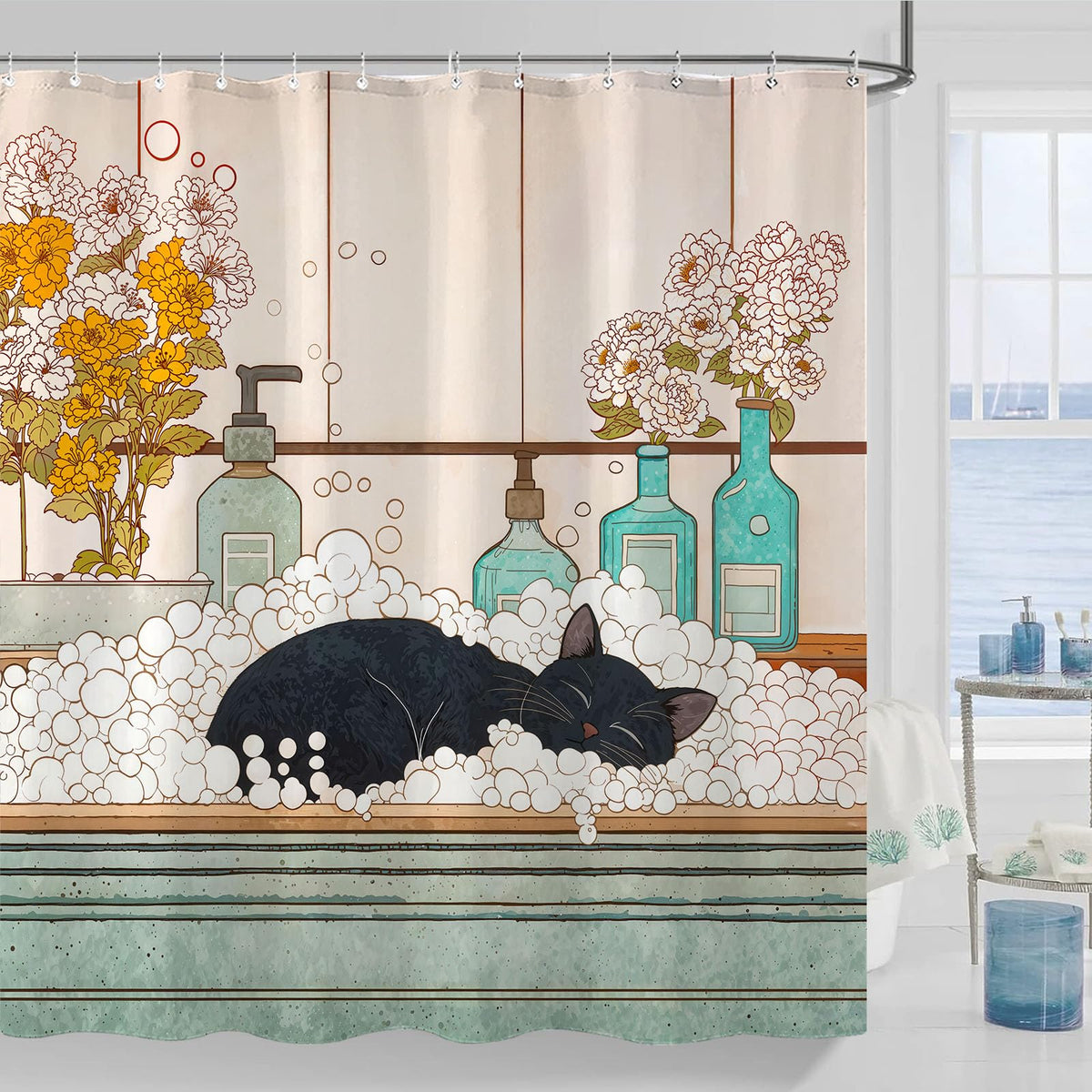 Peaceful Cat Shower Curtain Set Sleeping Feline Art Waterproof Bathroom Shower Curtain Serene Window Scene Print Cozy Home Decor 72x72 Inch (72"W x 72"L (Pack of 1) / Rose Gold)
