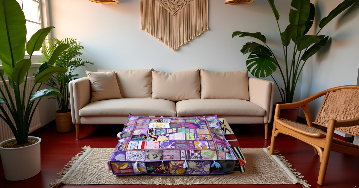 Handmade Square Purple Patchwork Pouf Cover 35 Inch Ottoman Cover Embroidered Cotton Floor Cushion Cover Bohemian Indian Decorative Floor Pillow Meditation Cushion for Living Room Bedroom (35"D x 35"W x 5"H / Purple)