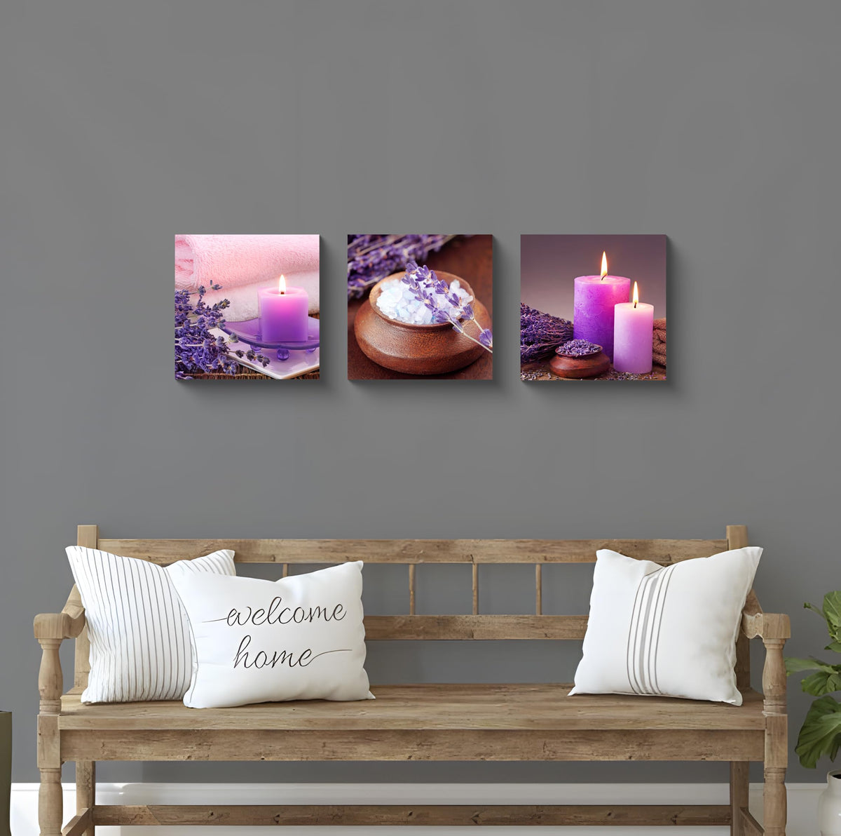 Zen Canvas Wall Art Spa Still Life With Purple Aromatherapy Candles And Zen Stone Aroma Lavender Flower Painting Pictures Print on Canvas Ready to Hang for Bathroom Decoration (12X12inchX3pcs / aromatherapy)