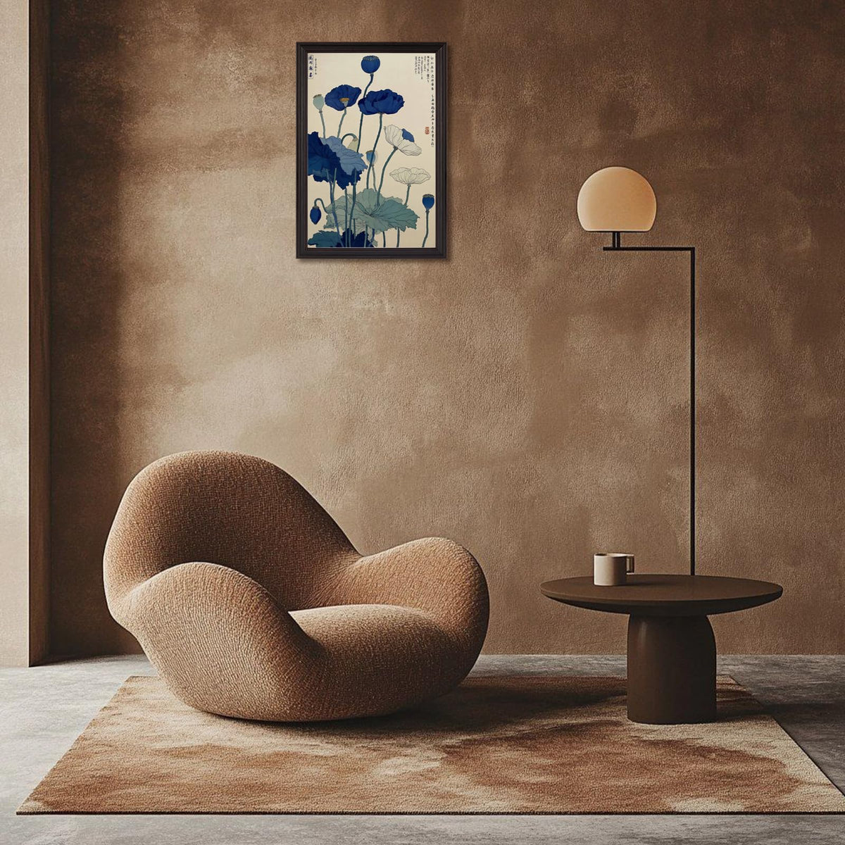 Japanese Indigo Blue Poppy Canvas Wall Art Vintag Ukiyo (Black 07 / 12"L x 16"W)