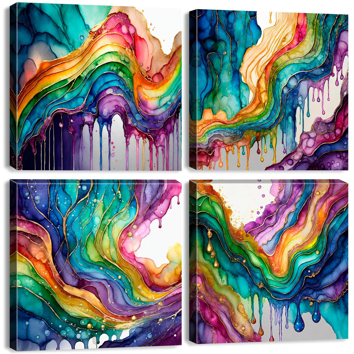 Colorful Wall Art Graffiti Rainbow Wall Decor for Living Room Abstract Fluid Lines Pictures Fantasy Watercolor Red Green Blue Liquid Canvas Prints Painting Modern Bedroom Home Decorations 12x12” 4Pcs (12"L x 12"W / Abstract Rainbow)