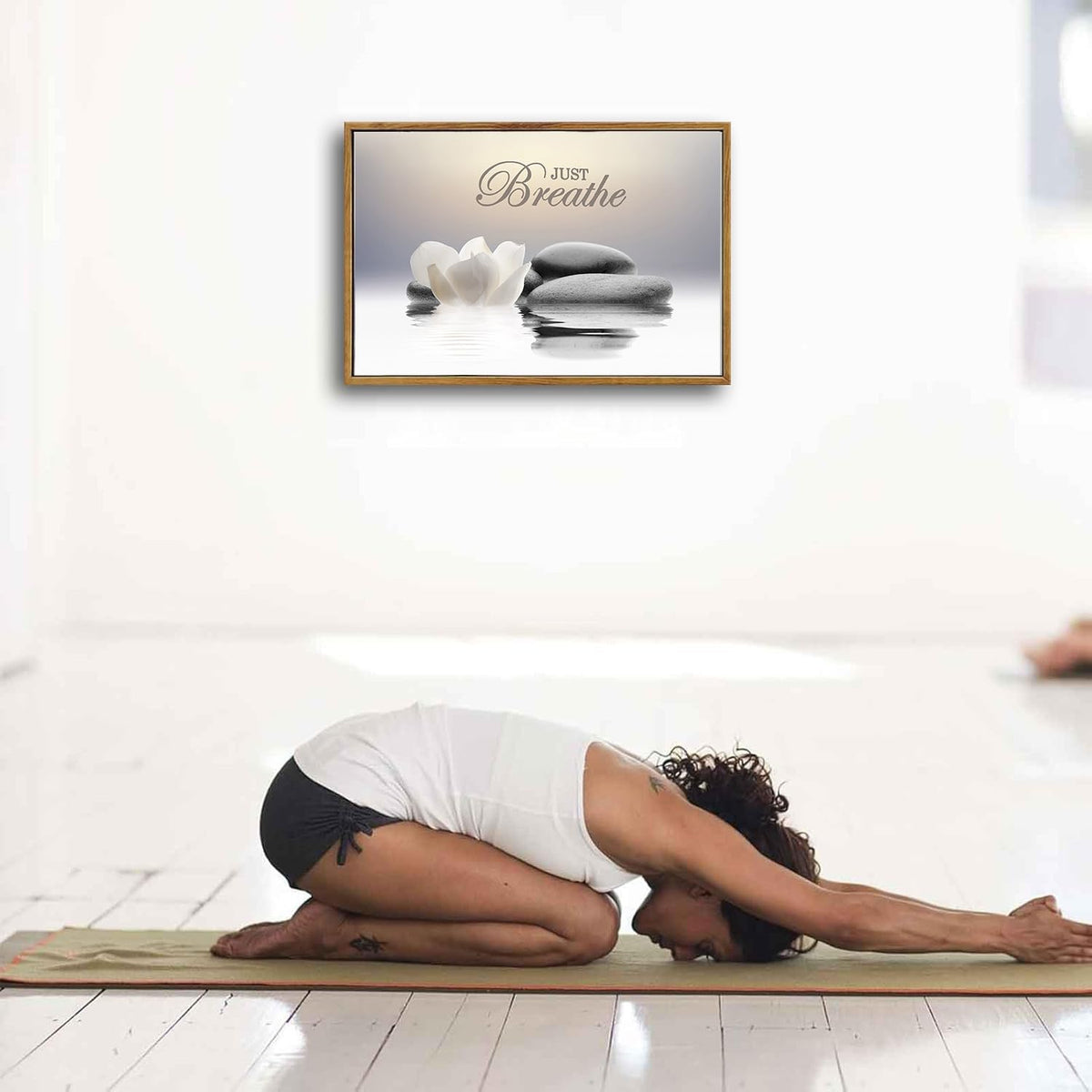 Zen Stone Wall Art White Lotus Flower Prints Artwork Modern Zen Spa Poster Just Breathe Yoga Quotes Pictures Wall Decor for Yoga Room office Bathroom Meditation room 12 x 16 in Unframe (Zen Stone Poster / 12"L x 16"W)