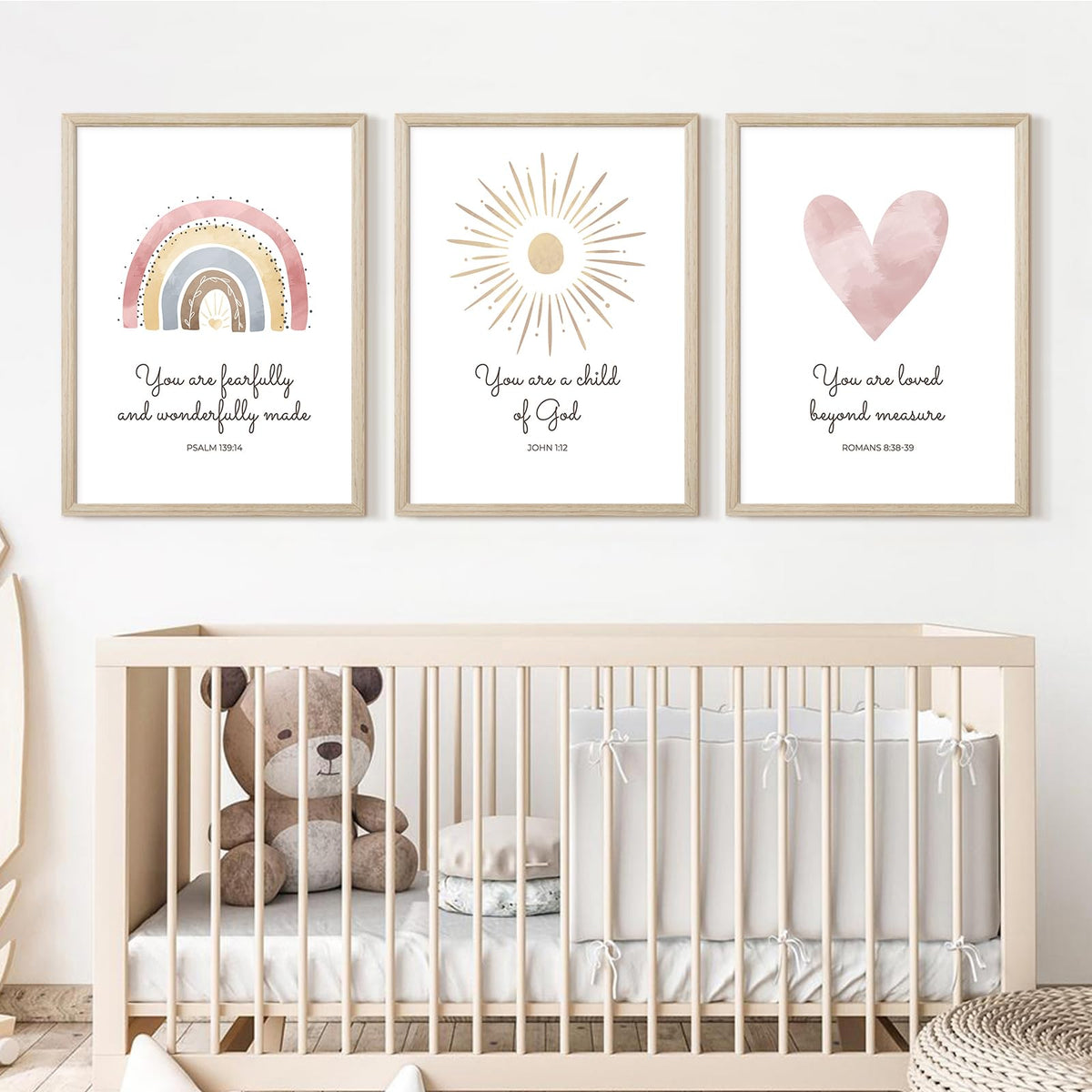 Boho Nursery Wall Art 3 Pieces Bible Verse Nursery Art Christian Girls Nursery Wall Art Heart Rainbow Sun Nursery Art Print Boho Sunshine Decor for Girl Baby Kid Room Decor 12x16 Inch Wood Framed (Boho Nursery Prints / 12x16 Inch Framed)
