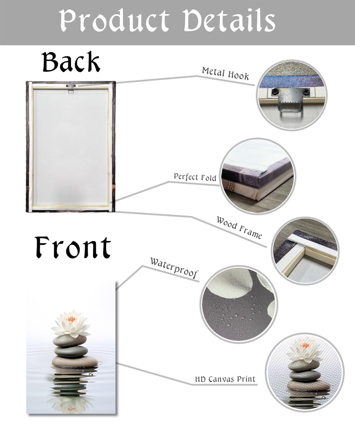 Zen Wall Art Lotus Canvas Print Spa Stone Picture Meditation Painting Vintage Artwork for Bathroom Living Room Office Modern Home Decor Frame Gallery Wrap (18"L x 12"W / Art-4)