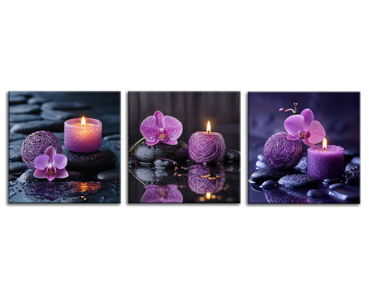 3PCS Zen Canvas Wall Art Purple Orchid Spa Decor Aromatherapy Candle Black Stone Prints Modern Meditation Room Decor Bathroom Yoga Studio Wall Pictures Relaxing Home Artwork Ready to Hang (16X16inchX3pcs / Serenity in Purple)