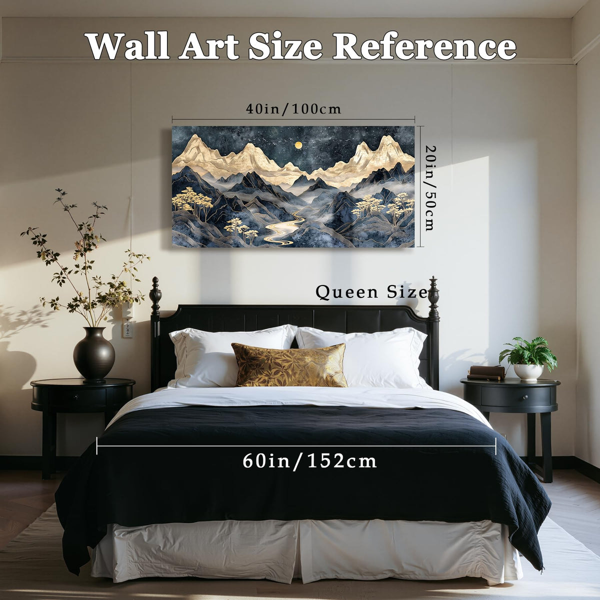 Modern Luxury Mountain Large Wall Art Office Wall Decor Black Gold (Indigo Golden Mountain / 40"L x 20"W)