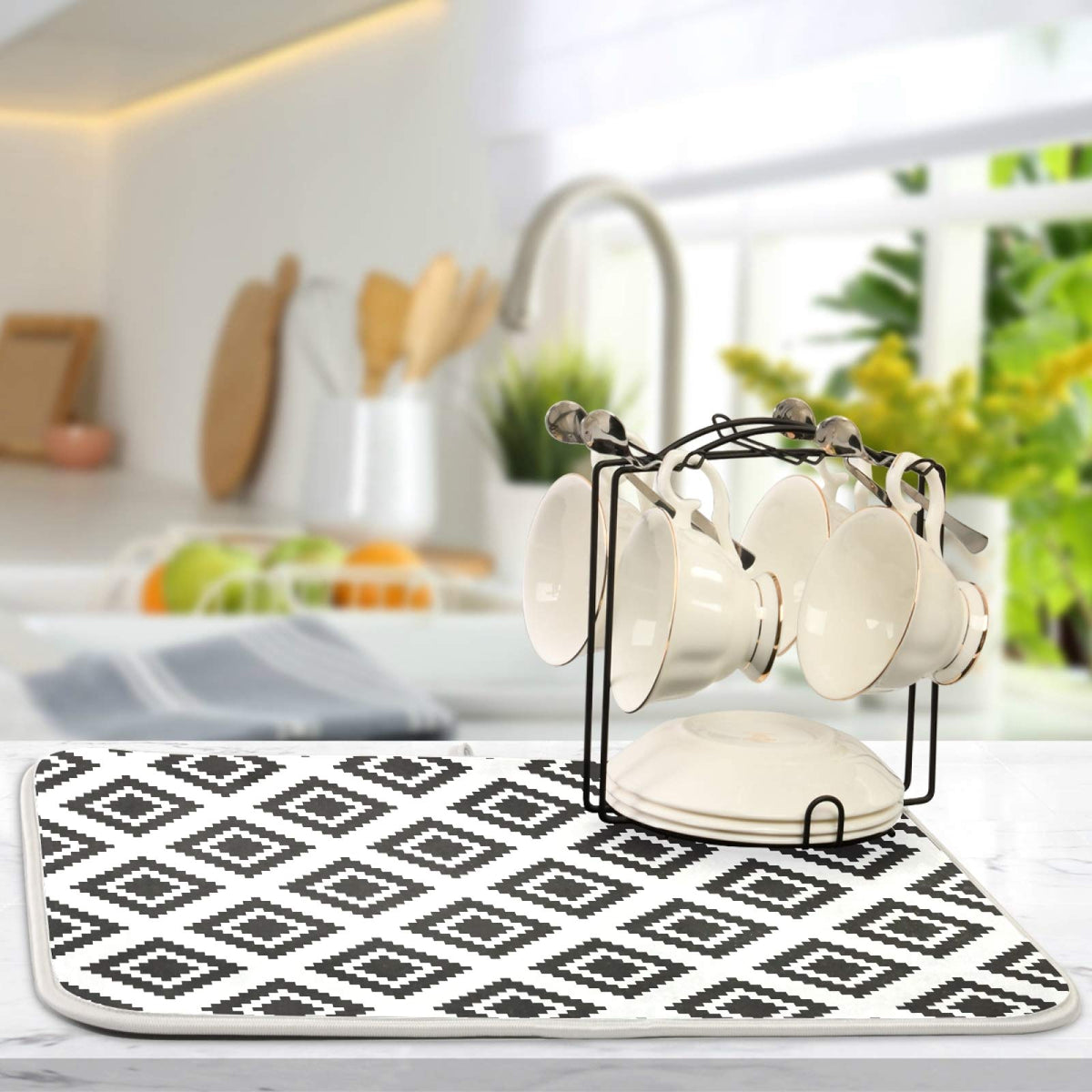 Super Absorbent Dish Drying Mat (Grey Moroccan Rhombus Plaid / 18" x 24")