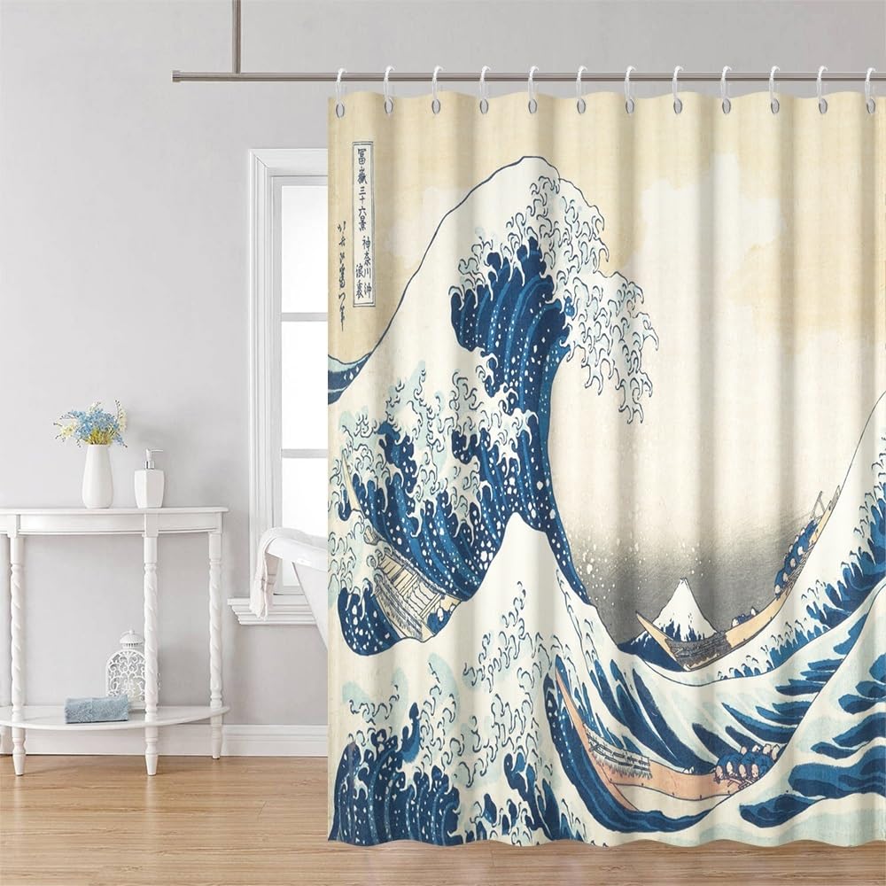 Traditional Japanese Painting Shower Curtain Japanese Sea Waves Bathroom Curtain Abstract Ocean Wave Wooden Boat Shower Curtains Washable Waterproof Fabric Bathroom Decoration 72x84 Inch (72"W x 84"L (Pack of 1) / Blue-48)