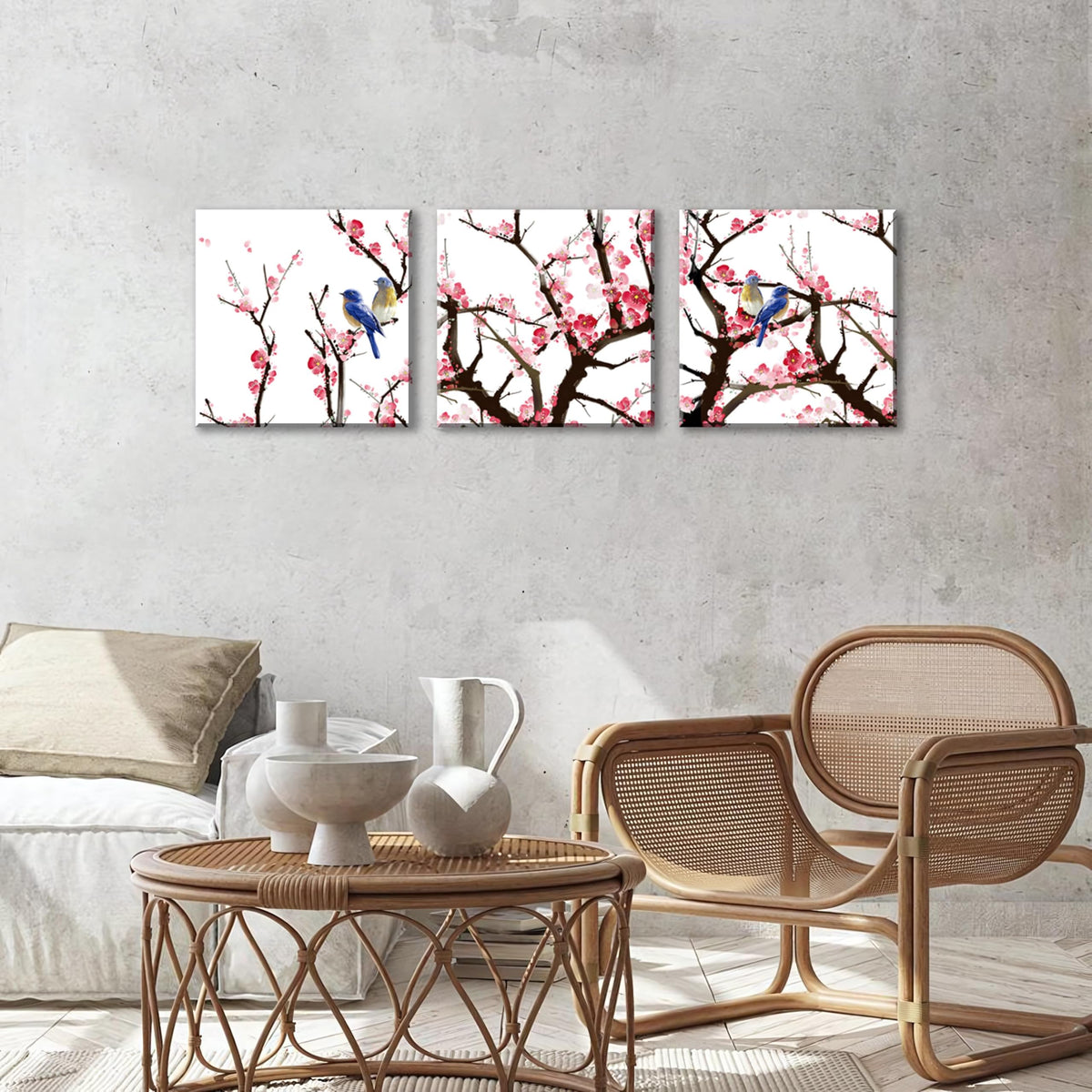 3PCS Chinese Cherry Blossom Canvas Wall Art Pink Plum Flowers with Blue Birds Wall Decor Asian Oriental Style Artwork Spring Nature Home Decor Living Room Bedroom Decoration Ready to Hang (Pink / 16x16 inches (3 pieces))