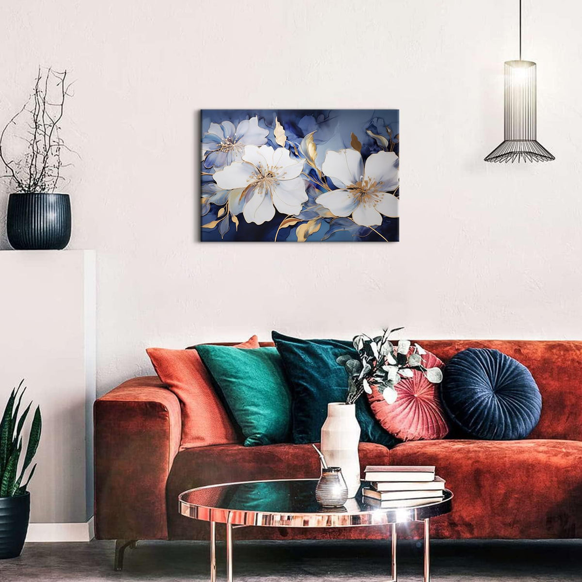 Abstract Flower Canvas Wall Art Blue and Gold Wall Decor Modern Marble Floral Picture Canvas Prints for Living Room Bedroom Watercolor Botanical Poster Painting Artwork Framed Home Decorations 16x24 (24"L x 16"W / Abstract Flower)