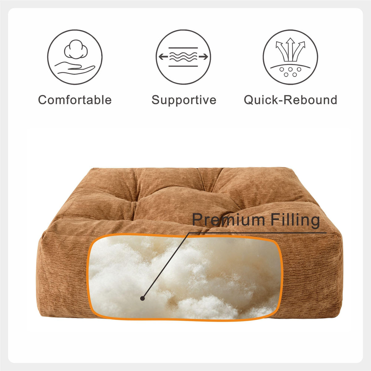 Floor Pillow Cushion for Adults Sitting (22 x 22 x 6 inches / Square Caramel Brown)