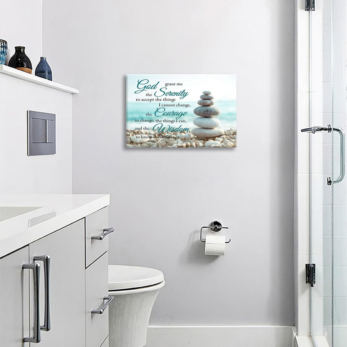 Serenity Prayer Bathroom Wall Art Beach Zen Canvas Prints Scripture Christian Pictures Framed Office Home Decor for Bedroom Dining Living Room 24"x20" (24"L x 20"W / Beach Stone Zen)
