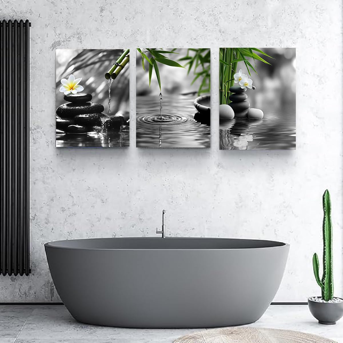 Bathroom Zen wall art Black and White Green Decor Gray Canvas Pictures Zen Poster Prints Buddha Artwork for Spa Bedroom Wall Art Kitchen Office Home Living Room Decor Framed (BAgrayZ3 / 12"x16"inches x 3 pcs)