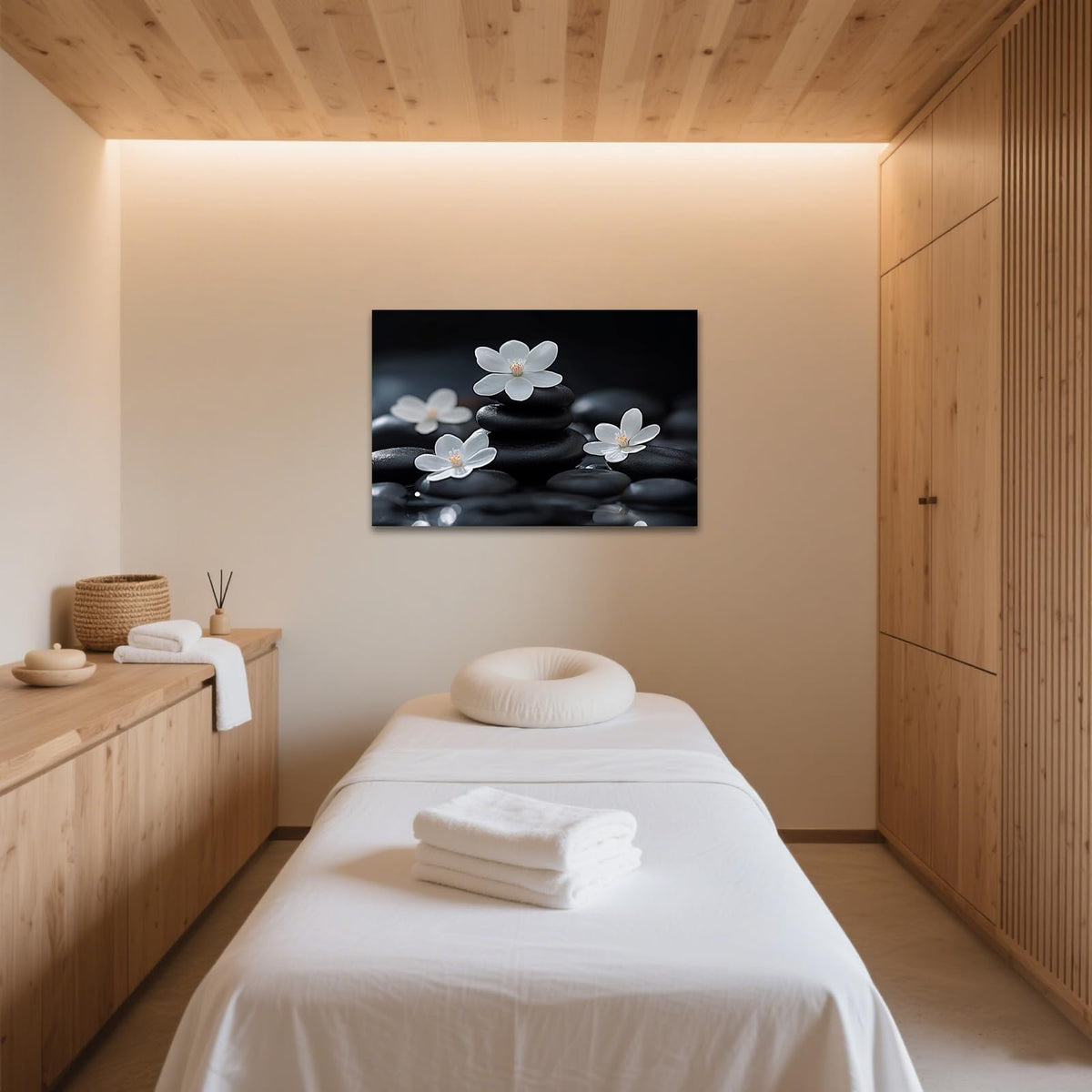 Zen Wall Art Canvas Print Black Stones and White Cherry Blossoms Picture Framed Artwork Poster for Meditation Room Spa Bathroom Decor (WE000050-8 / 18"L x 12"W)