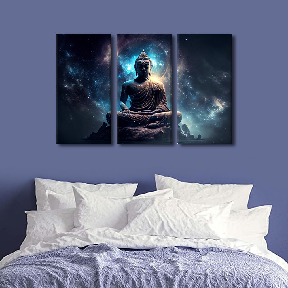 Canvas Wall Art 3 Panel Office Decor Buddha Mysterious Universe Poster Prints on Canvas Modern Buddha Painting Artwork Buddhist Believers Bedroom Home Wall Decor Stretched Ready to Hang 36x24 in (36x24 in / 3PANEL-14)