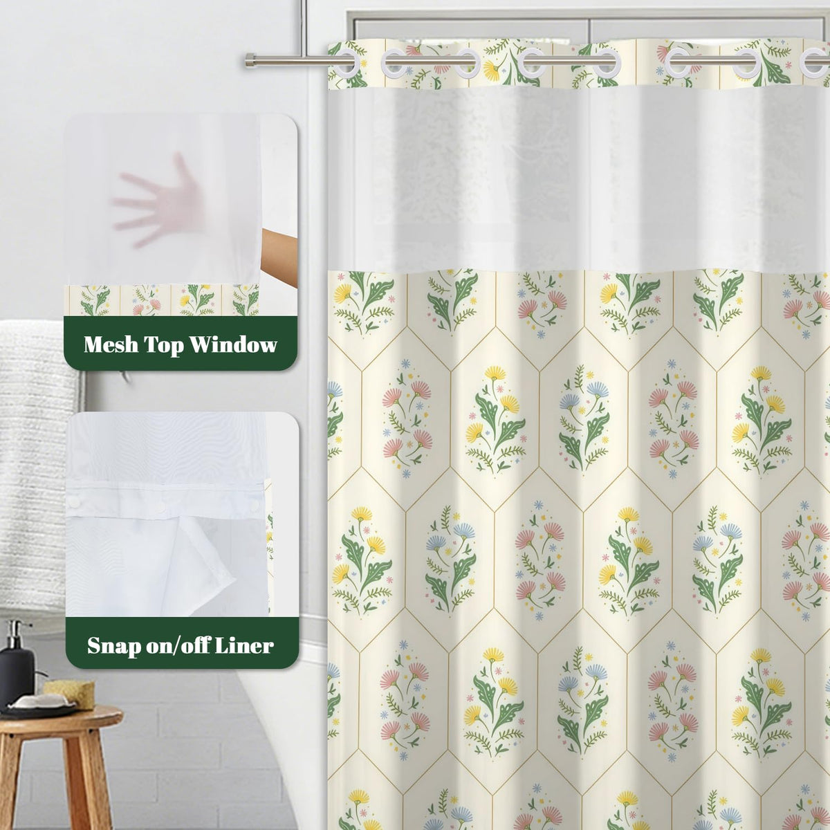Cottage Core Shower Curtain with Snap in Liner (Delicate Floral)