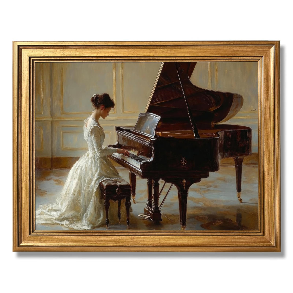 Vintage Victorian Serenade Oil Painting Wall Art Romantic Woman Playing Piano Canvas Prints Elegant Victorian Era Female Poster Classical Music Artwork for Bedroom Living Room 16x24inch Golden frame (16"L x 24"W / Style-3 Vintage Golden Frame)