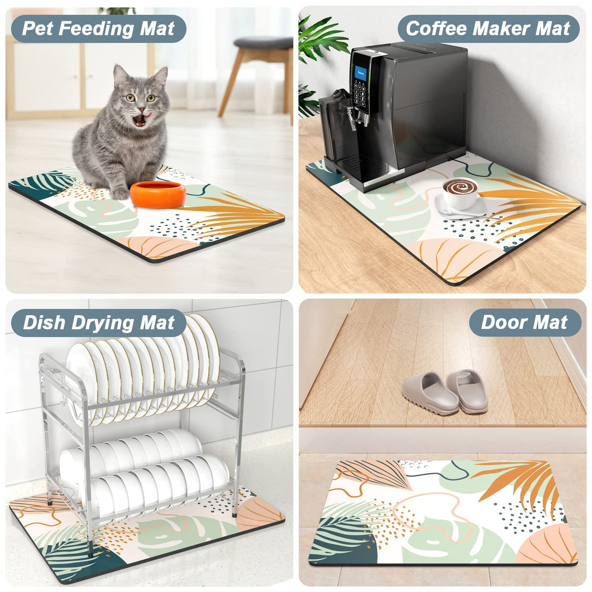Coffee Mat 12" x 19" Cute Boho Theme Coffee Bar Mats for Espresso Machine Station Accessories and Organizer (Boho Tropical Leaves / 12" x 19")