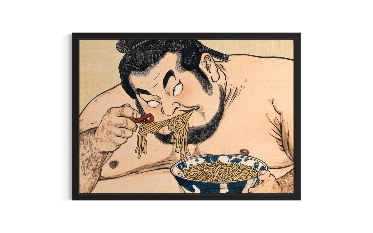 Sumo Wrestler Eating Black Framed Wall Art Print Poster (Sumo Wrestler Eating / 20"L x 16"W)