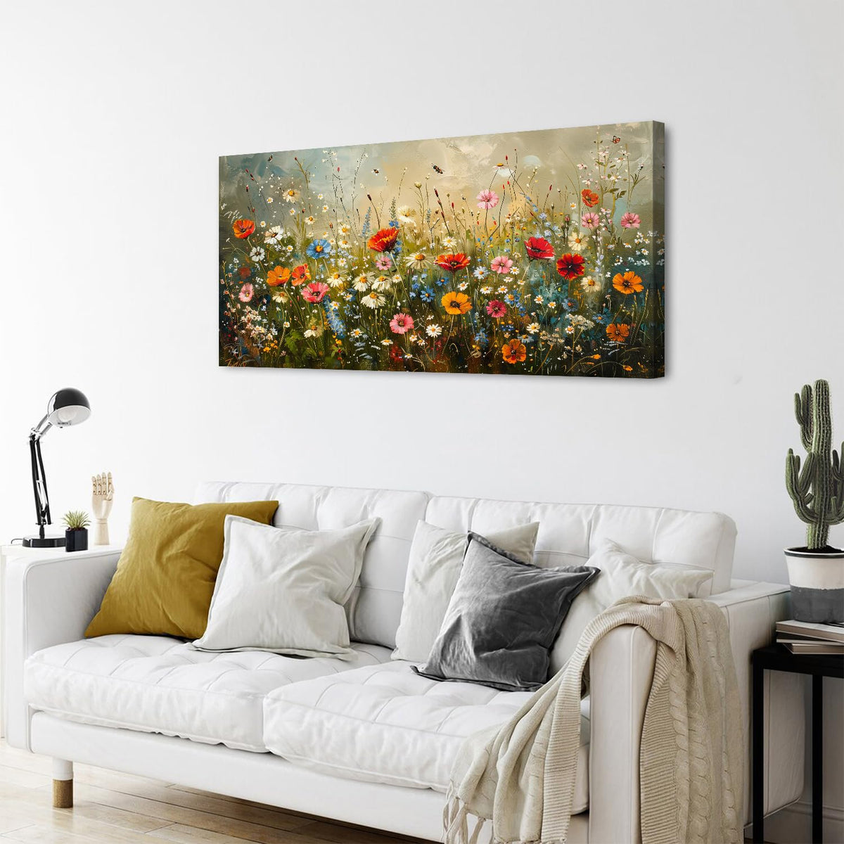 Colorful Floral Wall Art French Living Room Rustic Red White Poppy Flowers Wall Decor Watercolor Daisy Canvas Print Wildflower Painting Abstract Artwork for Bathroom Bedroom Home Decorations 24x48" (48"L x 24"W / Wildflowers)
