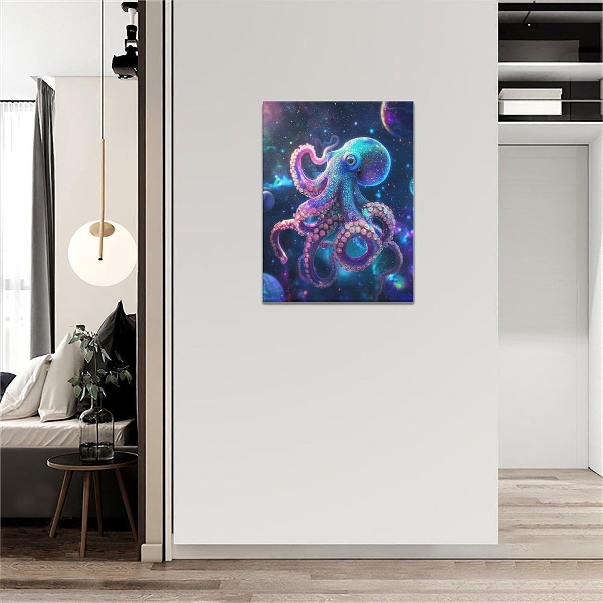 Octopus Galaxy Canvas Wall Art Octopus In Space Pictures Wall Decor Cool Poster Prints Painting Framed Artwork Modern Decoration for Bedroom Living Room Dining Room 12"x16" (16"L x 12"W / Octopus in Space)