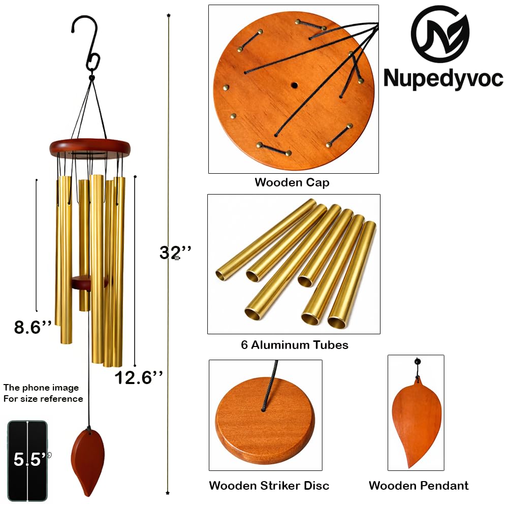 32” Large Golden Aluminum Wind Chimes with Brown Wooden Cap for Outside (Golden Aluminum Wind Chimes With Brown Wooden Cap)