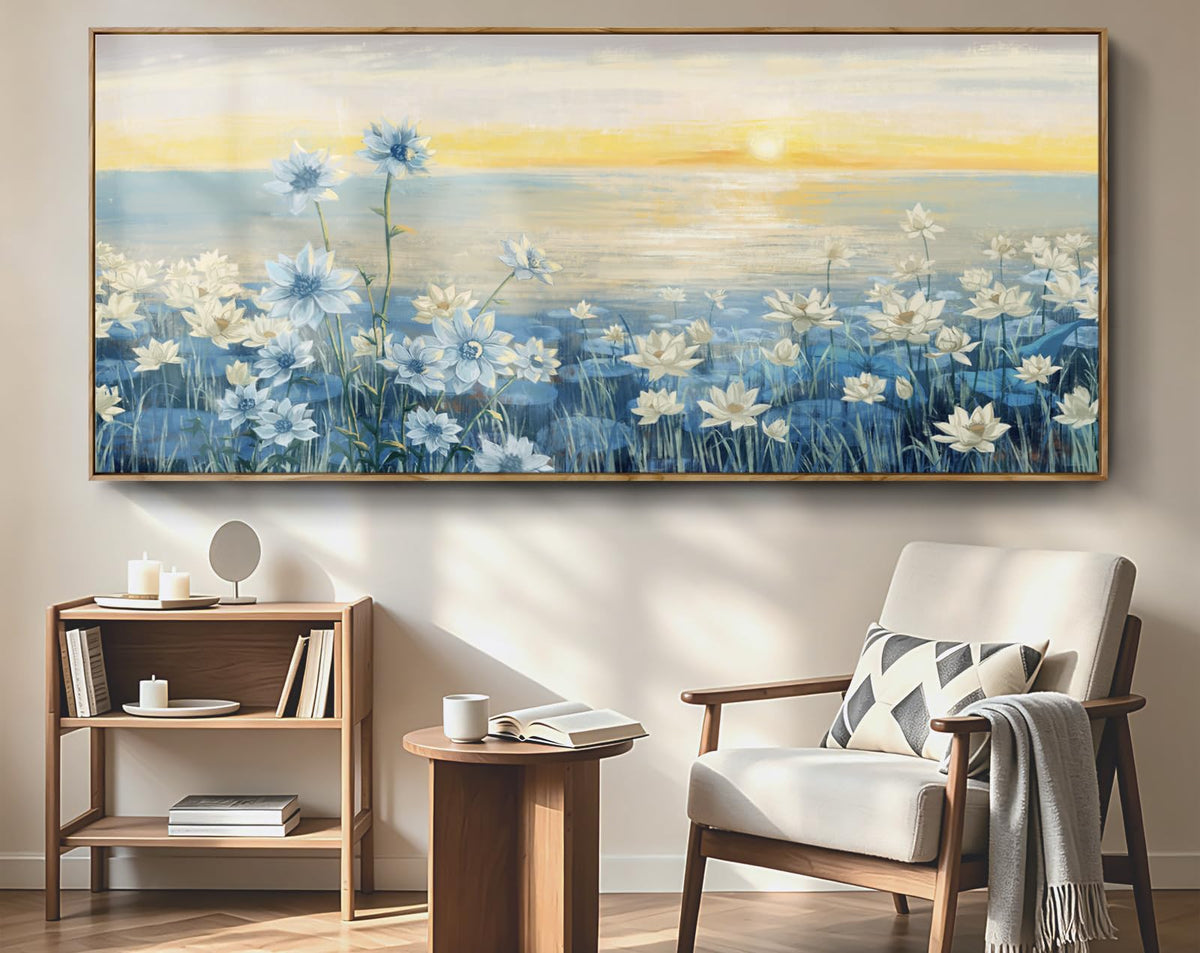 Giant Framed Wall Art for Living Room Extra large Modern Coastal Beachy Canvas Wall Art Big Floral Sunrise Blue Wall Picture Oversized Lake Nature Sunset Artwork Office Bedroom Decor 71“x31” (Sunrise Wall Art / 71"L x 31"W)