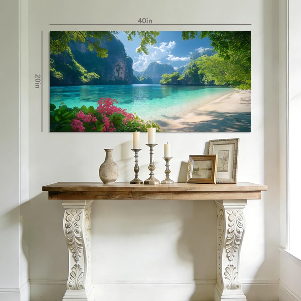 White Tropical Lagoon Beach Wall Art Art Deco Painting Prints Canvas (Coastal / White Lagoon Beach 105 / 46"L x 23"W)