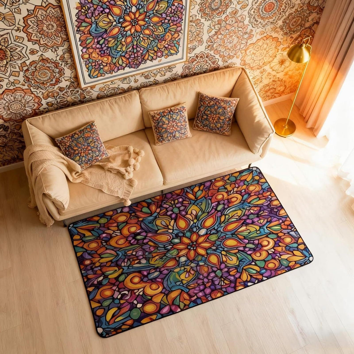 Vintage Mandala Large Area Rug 5x7 Bohemian Style Watercolor Flowers Living Room Rug (Orange Purple Green / 4'11" x 6'6" (Rectangular))