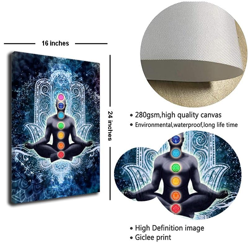 Seven Chakras on Blue Background Meditation Yoga Hd Print Canvas Wall Art Spiritual Healing Gifts for Family and Friends Bedroom Room Zen Decor Framed 24"X36" (36"L x 24"W / Frame-3)