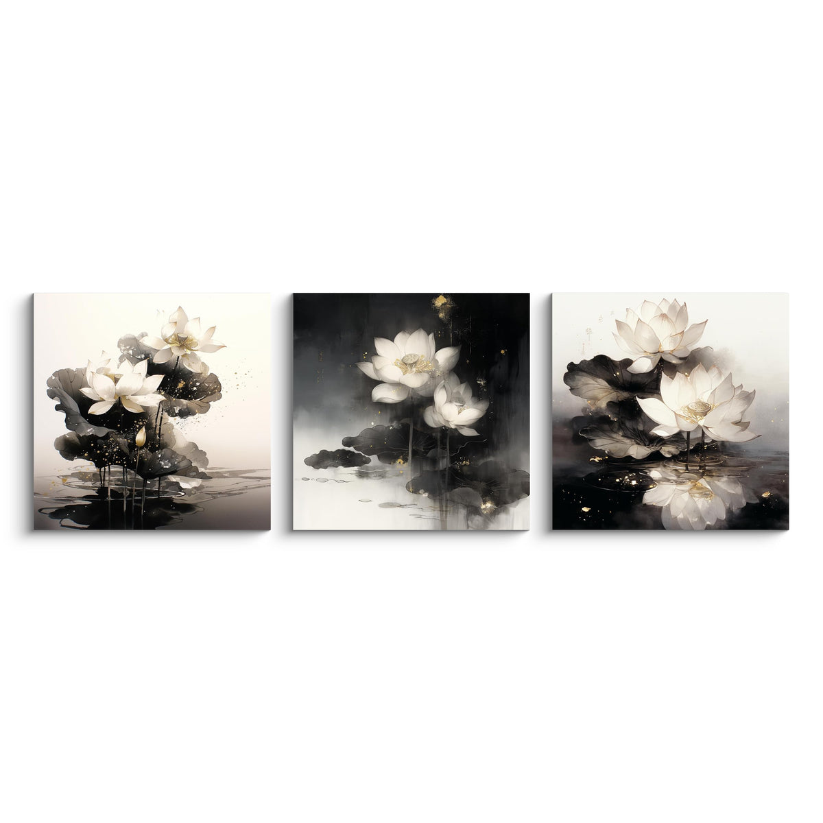 3Pcs White Lotus Flowers Canvas Wall Art Gold Leaf Ink Wash Zen Botanical Prints Modern Minimalist Floral Prints for Bedroom Bathroom Living Room Decor Nature Artwork Ready to Hang (White Lotus with Golden Accents-1 / 14x14inchx3)