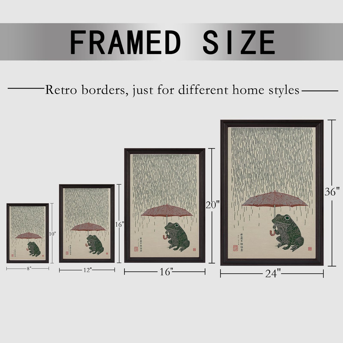 Frog With Red Umbrella In Rain Canvas Wall Art Vintage Japanese Ukiyo (Black 01 / 24"L x 36"W)
