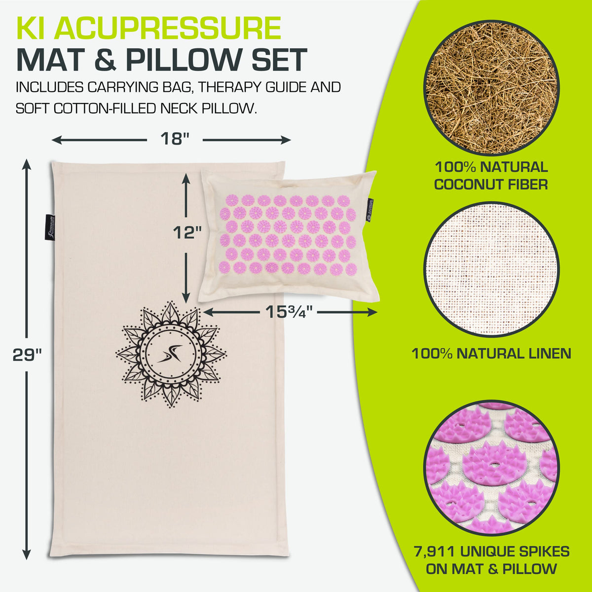 Ki Acupressure Mat and Pillow Set with 100% Natural Linen and Coconut Fiber Filling; Spike Mat for Back and Neck Pain Relief (Natural Purpule)