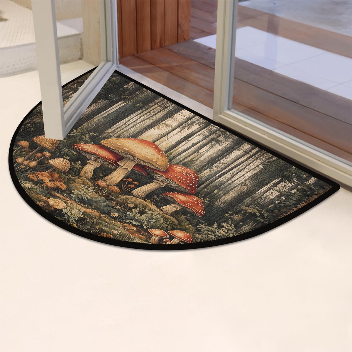 Mushrooms Forest Half Round Door Mat Non Slip Washable Semi Circle Area Rug Absorbent Soft Half Moon Rug Floor Mat for Indoor Outdoor Kitchen Bathroom Patio Front Door Mat Decor (B71)