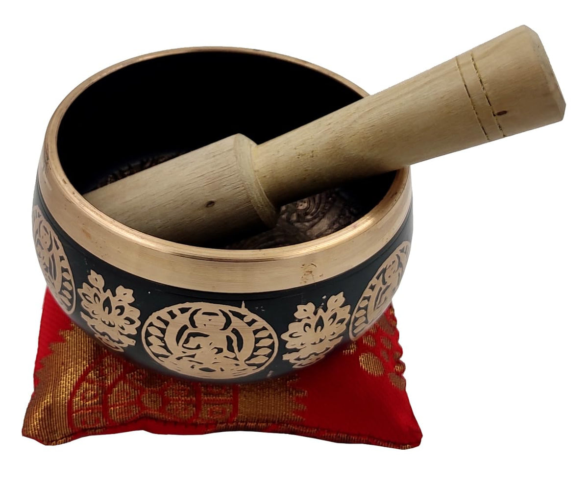 Handmade 4 Inches Bell Metal Tibetan Buddhist Singing Bowl Musical Instrument For Meditation (Scripture design | 4 inches | Black)