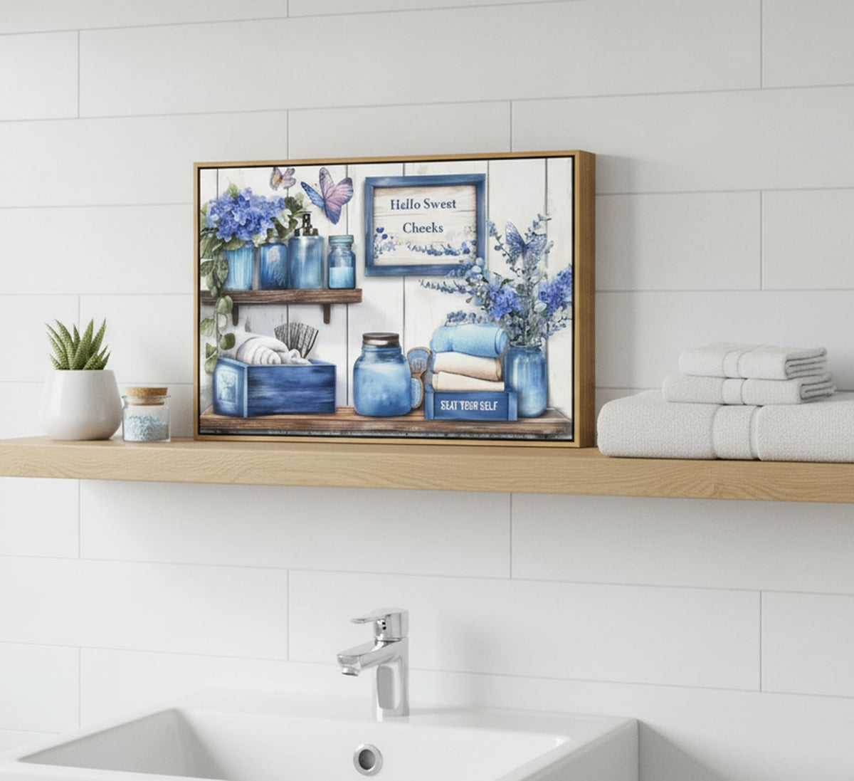 Framed Navy Blue Bathroom Canvas Wall Art 12x16Inches (Blue Framed / 16"L x 12"W)