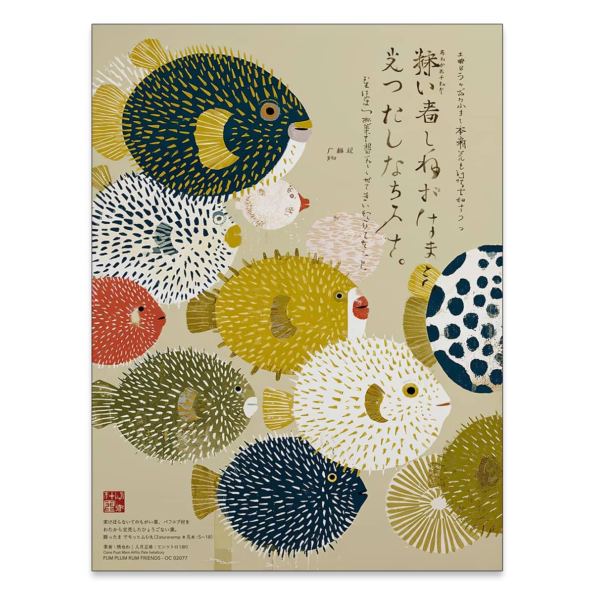 Vintage Japanese Canvas Wall Art Puffer Fish Prints Posters Colorful Fish Pictures Painting Mid Century Modern Artwork Decor 12x16in Unframed for Minimal Coastal Home Bathroom Bedroom Living Room (Unframed / Japanese Canvas / 16"L x 12"W)