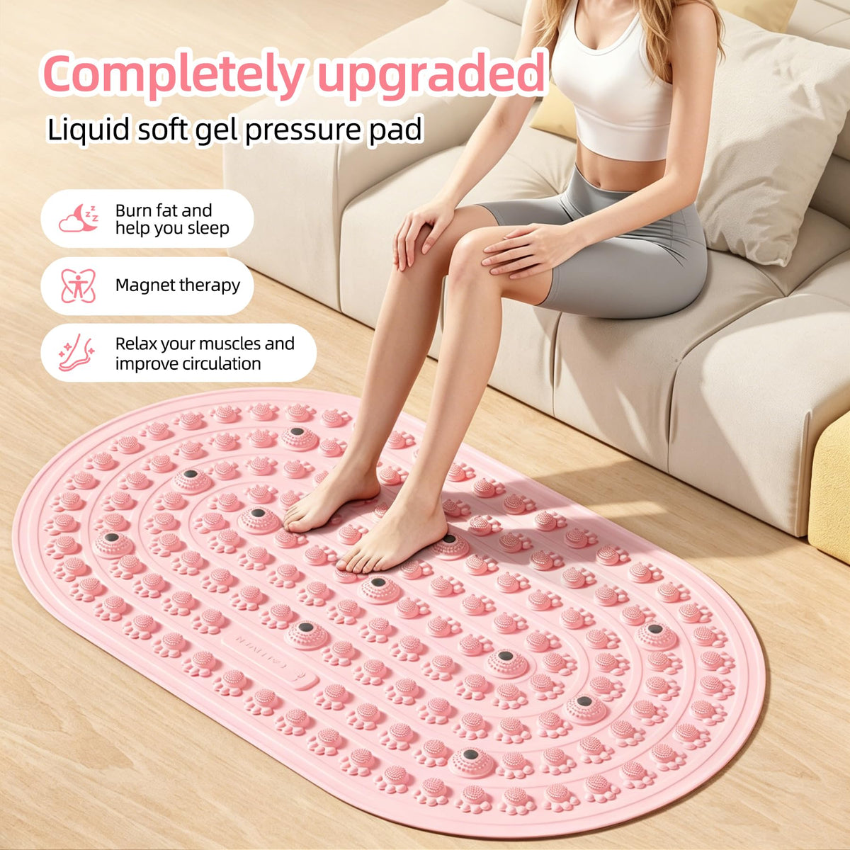Reflexology Foot Massage Mat Acupressure Magnetic Walk Stone Pad Portable Foldable Feet Pressure Point Massager for Plantar Fasciitis Relief Home Office Pain Relief for Men Women (Pink)