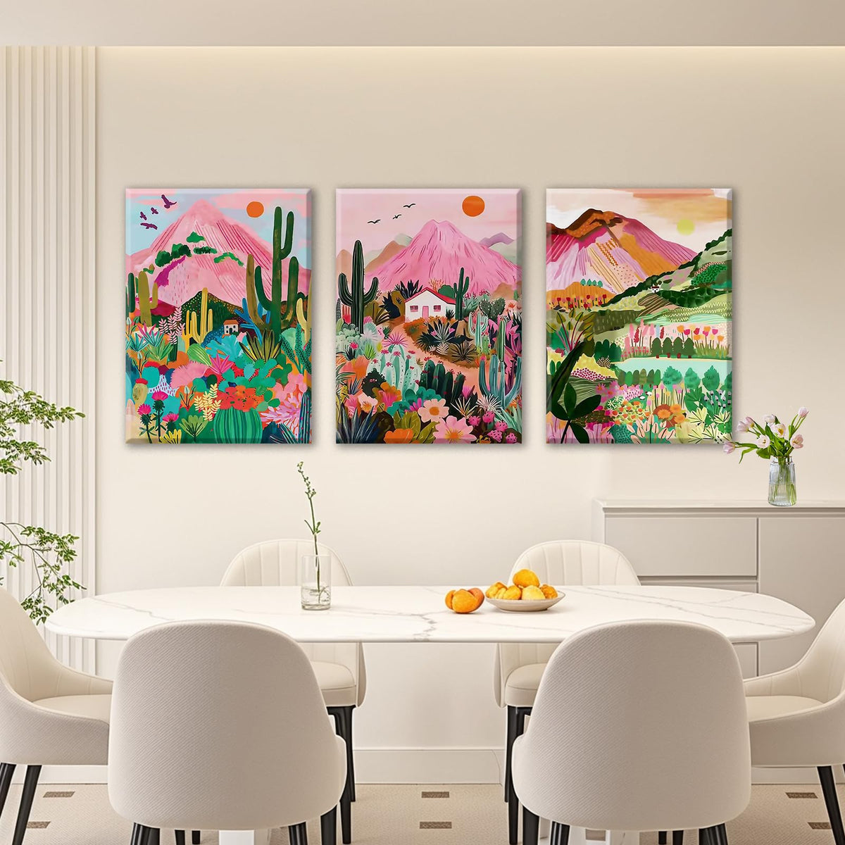 3Pcs Abstract landscape wall art with vibrant colors (Pink cactus / 16X24inch)