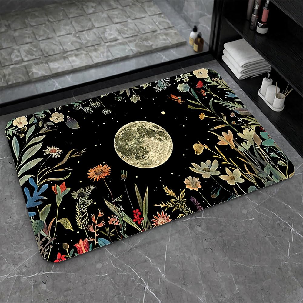 Bath Mat Bathroom Rug (Moon Surrounded By Wildflowers- / 17 x 27.5 inches)
