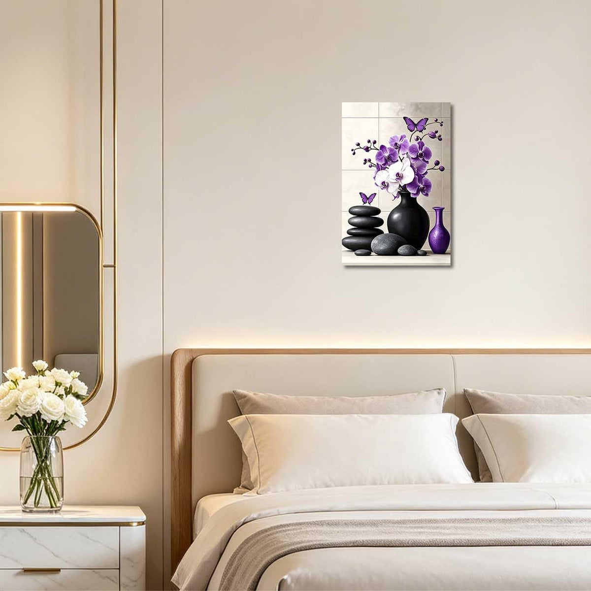 Orchid Flower Canvas Wall Art Zen Bathroom Pictures Prints Spa Stone Butterfly Wall Decor Black White Yoga Meditation Paintings for Living Room Bedroom (Purple / 20"L x 16"W)