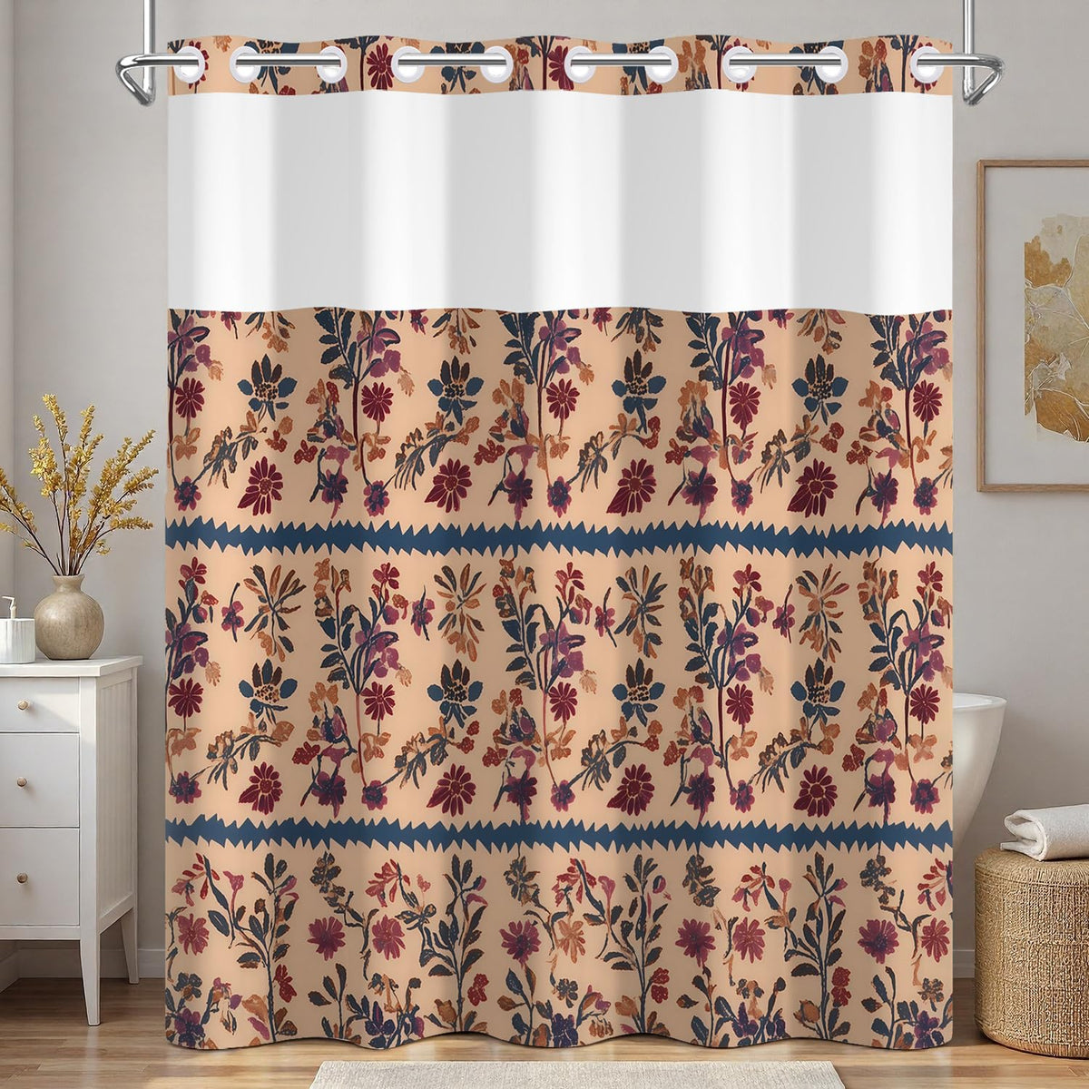 Vintage Boho Floral No Hook Shower Curtain with Snap in Liner (Boho Botanical)