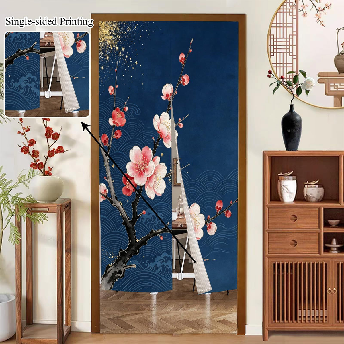Japanese Noren Doorway Curtain Navy Blue Plum Blossom Wave 33.5x47.2in (Navy Blue / 33.5"W x 47.2"L (Pack of 1))