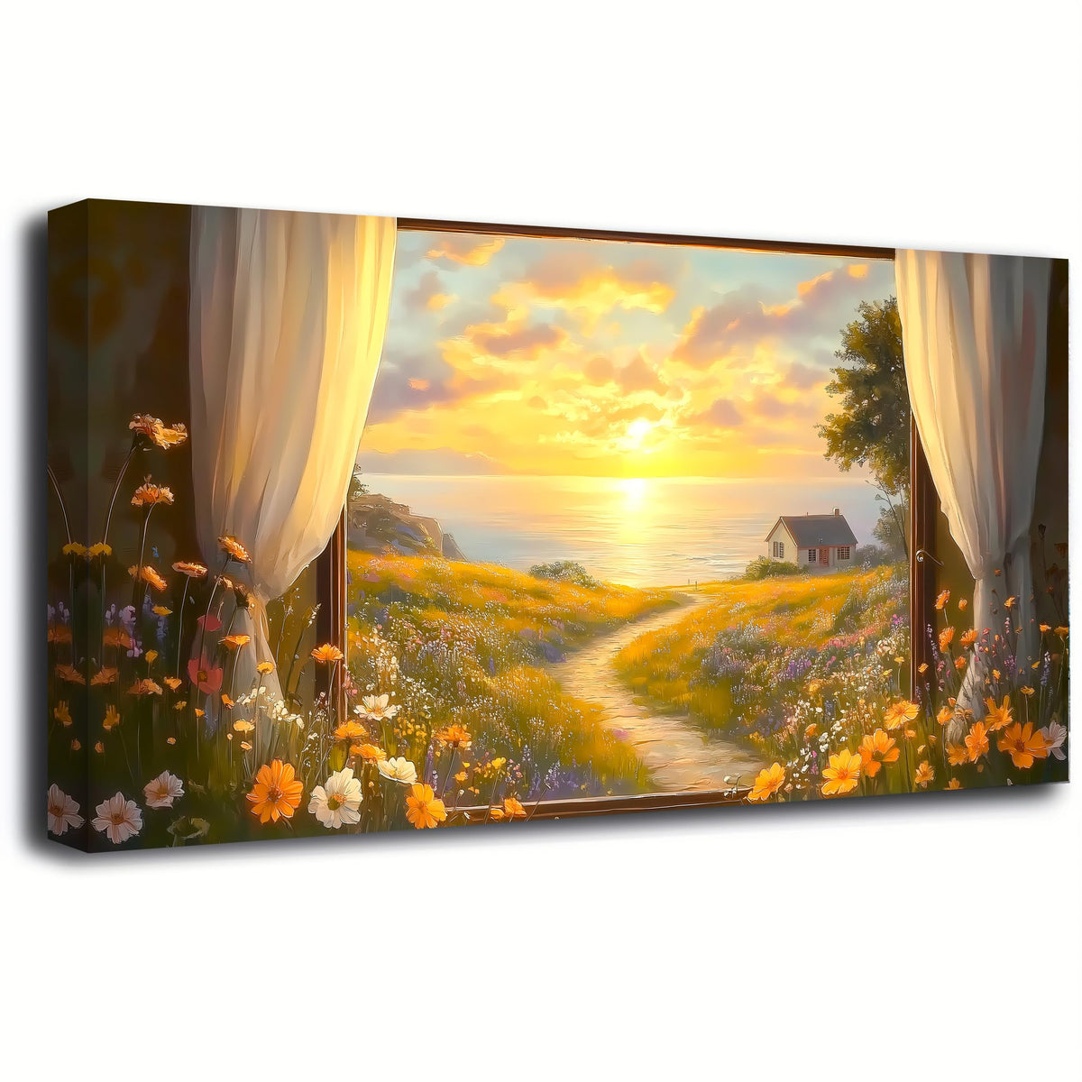 Sun Windows Flowers Pictures Canvas Wall Art for Living room Office Bedroom Wall Decor Abstract Wall Art Print Pink Flowers Oil Painting Artwork Ready to Hang (40"L x 20"W / Sun Windows Flowers)