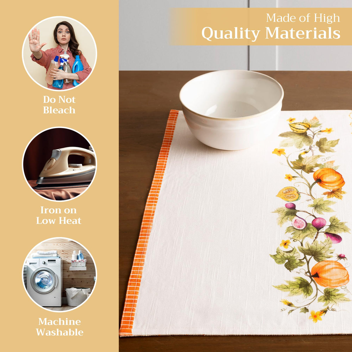 Placemats Set of 4 Reusable 100% Cotton (060 - Pumpkin Garden - Cloudy Cream / 13" X 19" (Pack of 4))