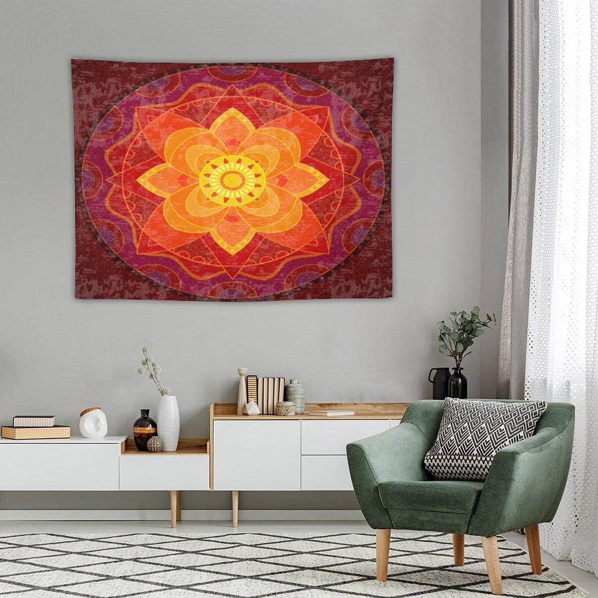 Red Mandala Tapestry Wall Hanging Bright Circular Ethnic Pattern Native Indian Ornament Tapestries Home Decor for Living Room Bedroom Kitchen Dorm 30"x40" (30"L x 40"W / Mandala-9)