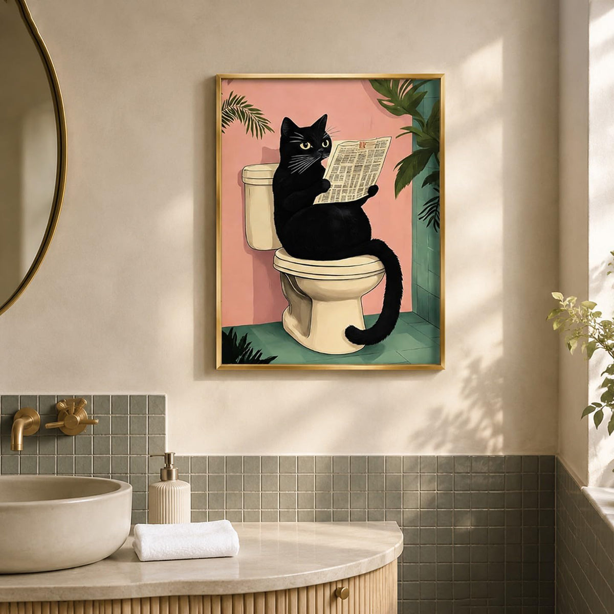 Framed Funny Cat Sitting on Toilet Reading Newspaper Canvas Wall Art 8x10in (black cat / 10"L x 8"W)