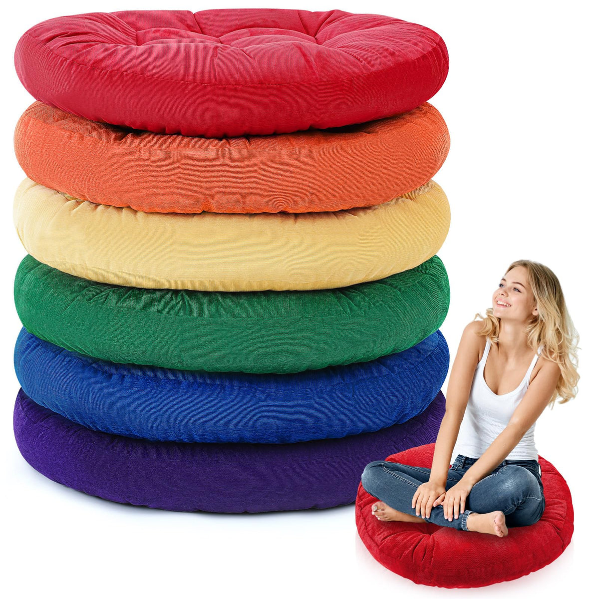6 Pcs Rainbow Color Large Floor Pillow Cushion (Round 22 x 22 / Rainbow Color)