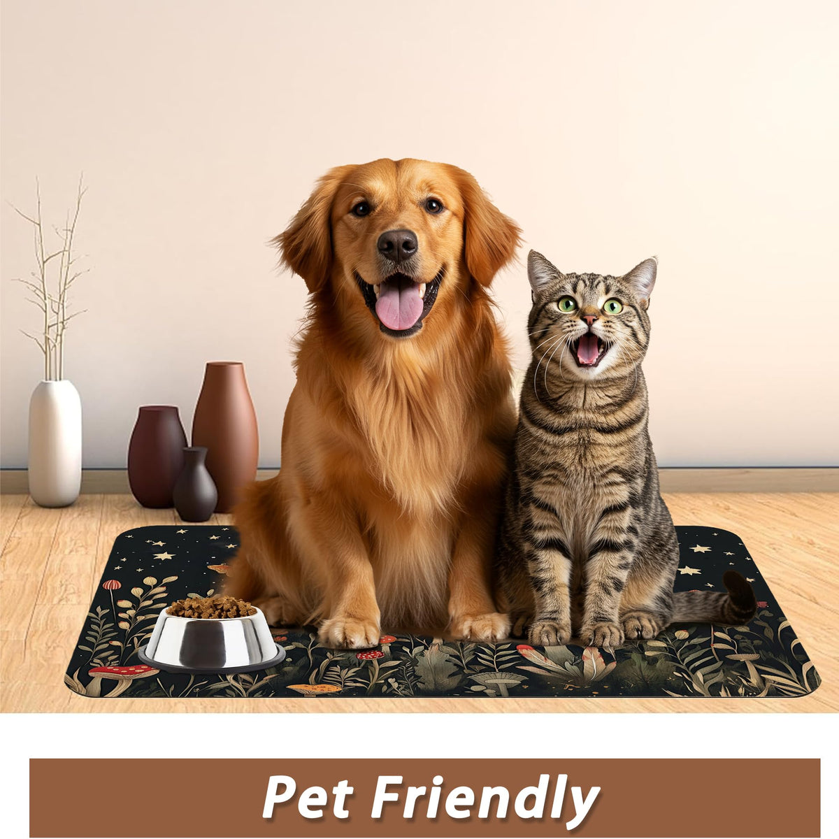 Red Mushrooms Pet Feeding Mat (16"L x 16"W / Red Mushrooms Wildflower Butterfly)